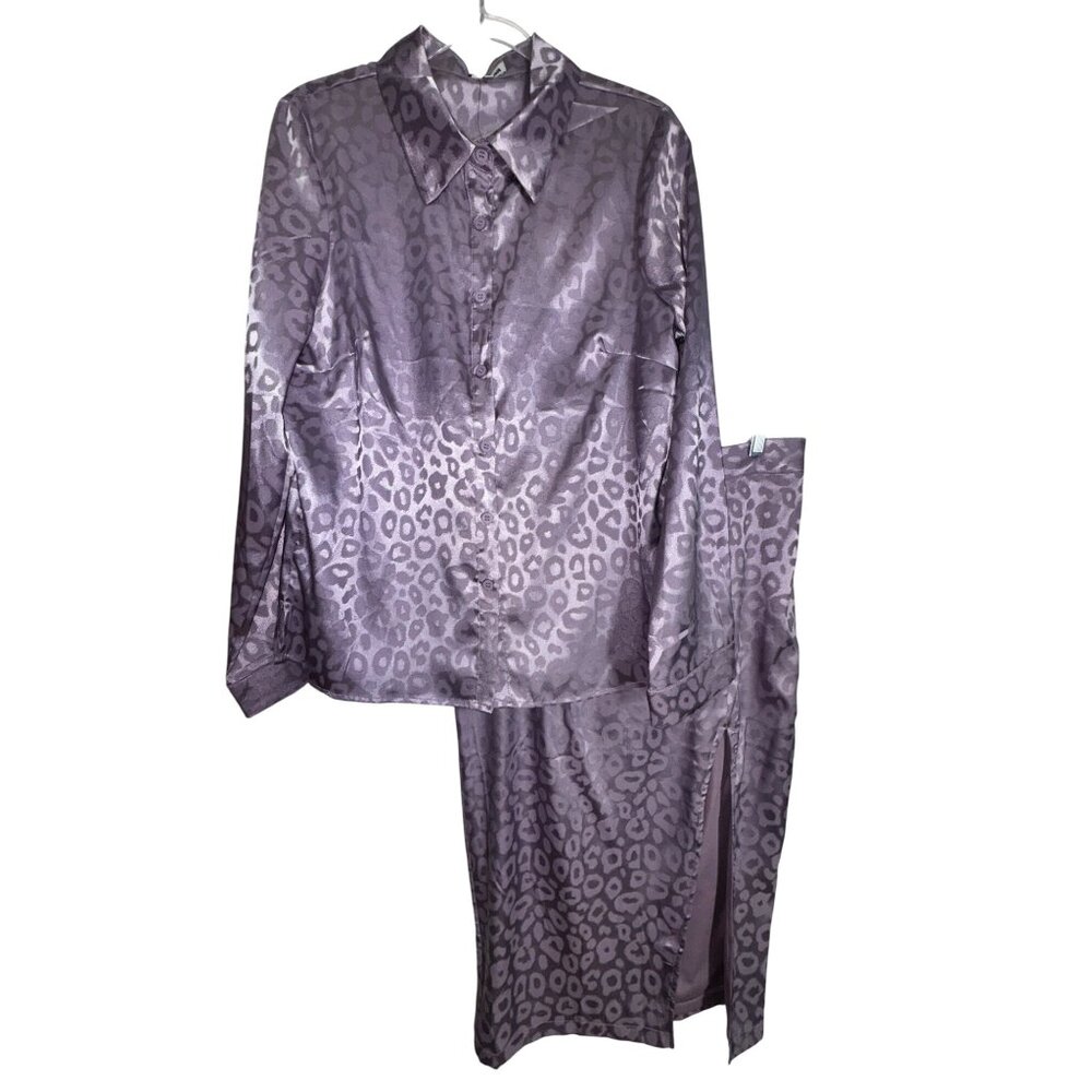 Fashion Nova Lavender Animal Print Shirt & Skirt Set XL Sexy Purple Satin Top‎